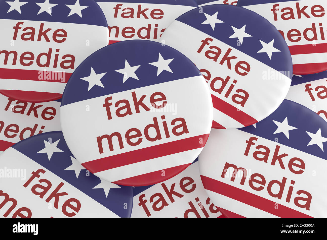 La politique USA News Insigne : Tas de faux boutons multimédias avec nous Drapeau, 3d illustration Banque D'Images