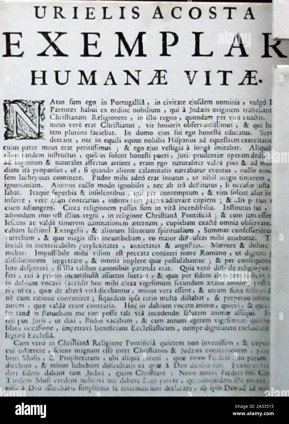 Exemplar Humanae Vitae, Uriel Acosta. Banque D'Images