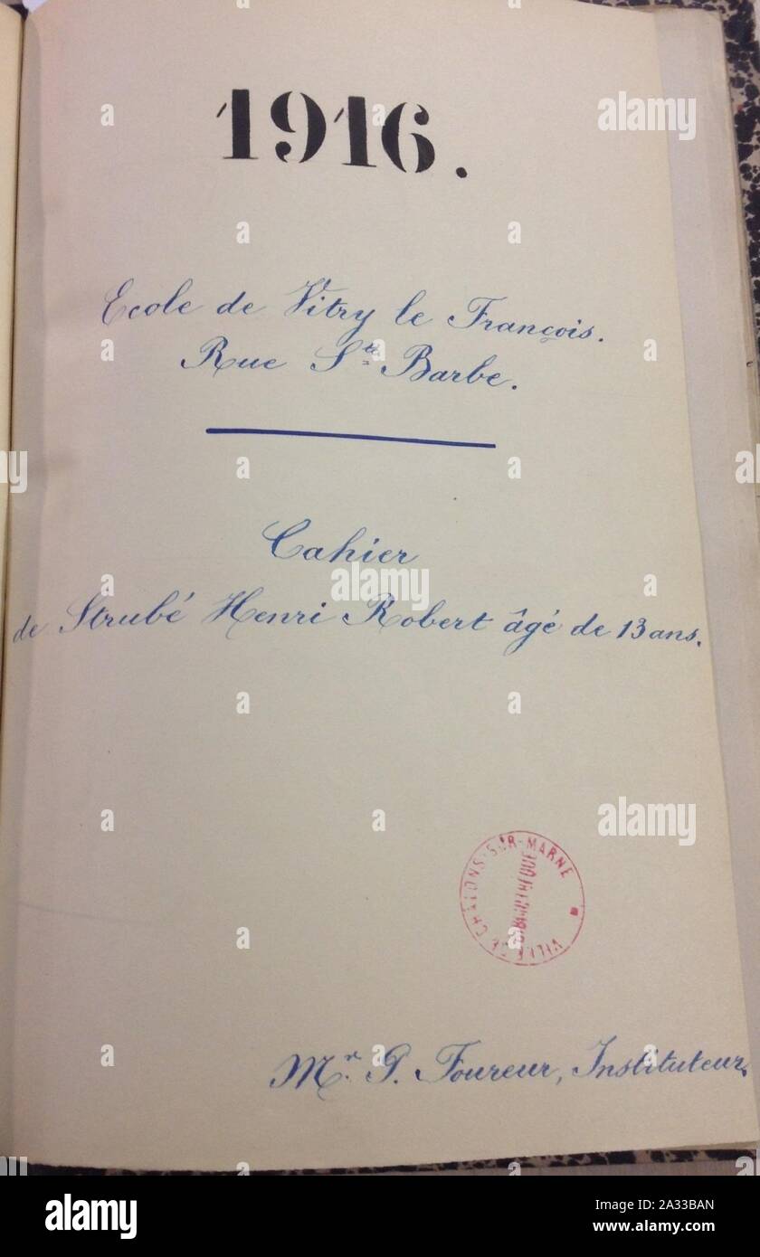 Extrait du cahier de Strubé Henri Robert âgé de 13 ans. Banque D'Images