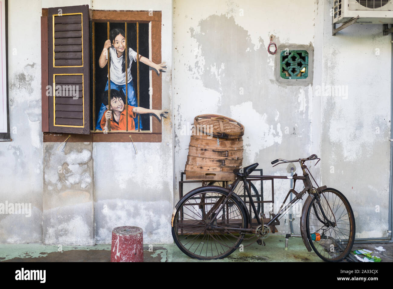 Penang, Malaisie, 09 août 2015 : l'Art de la rue célèbre fresque à George Town. Banque D'Images