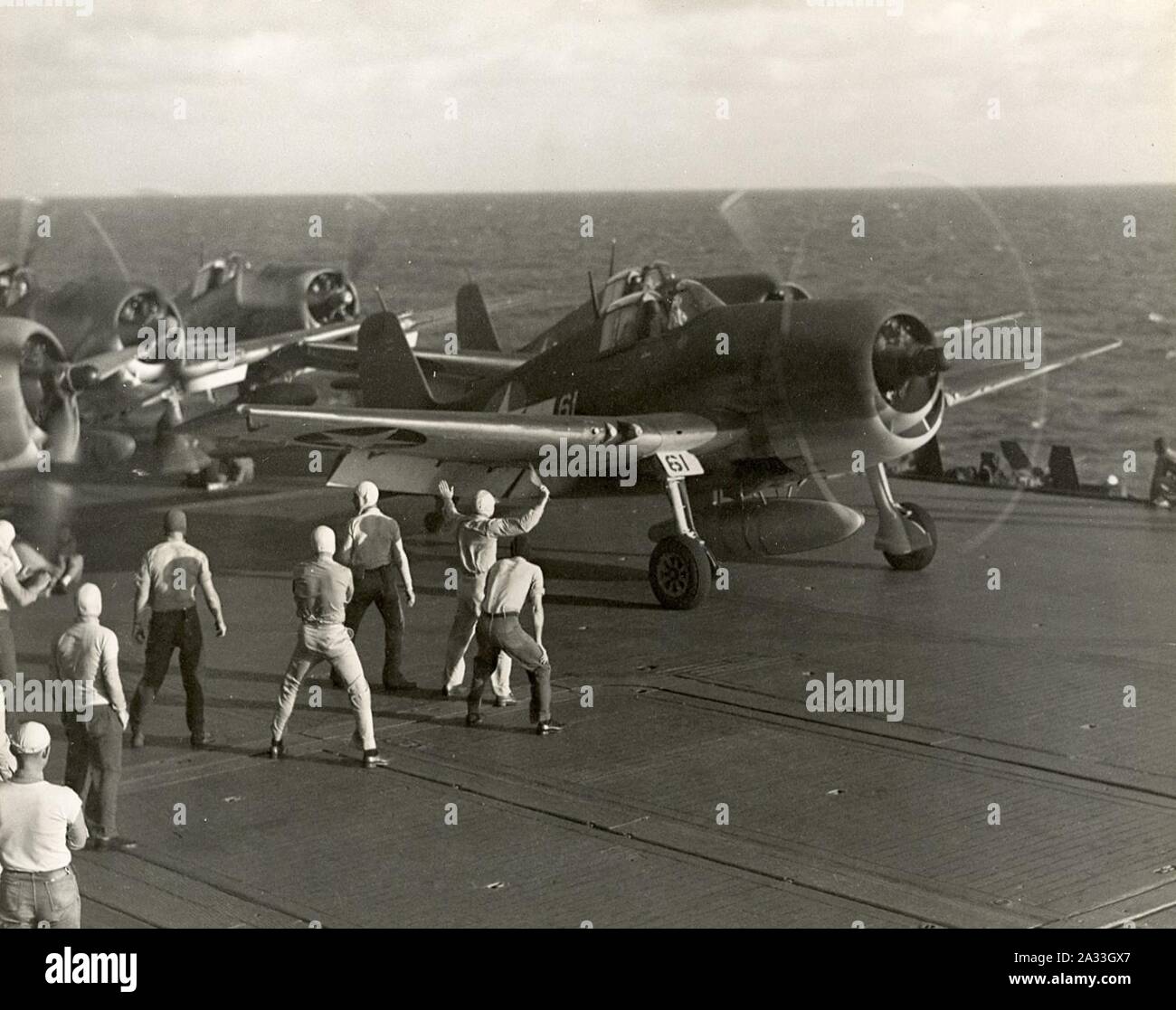 F6F lancer USS Saratoga Tarawa 1943. Banque D'Images