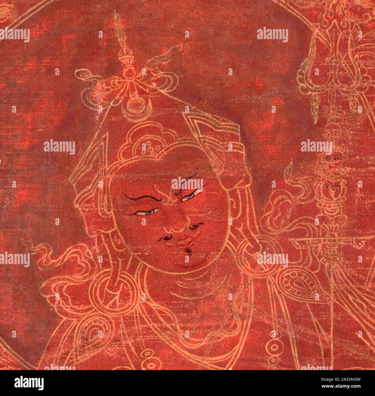 Détail du visage, Padmasambhava, 18e siècle la peinture du Tibet, la masse rouge pigment minéral sur le coton (recadré). Banque D'Images