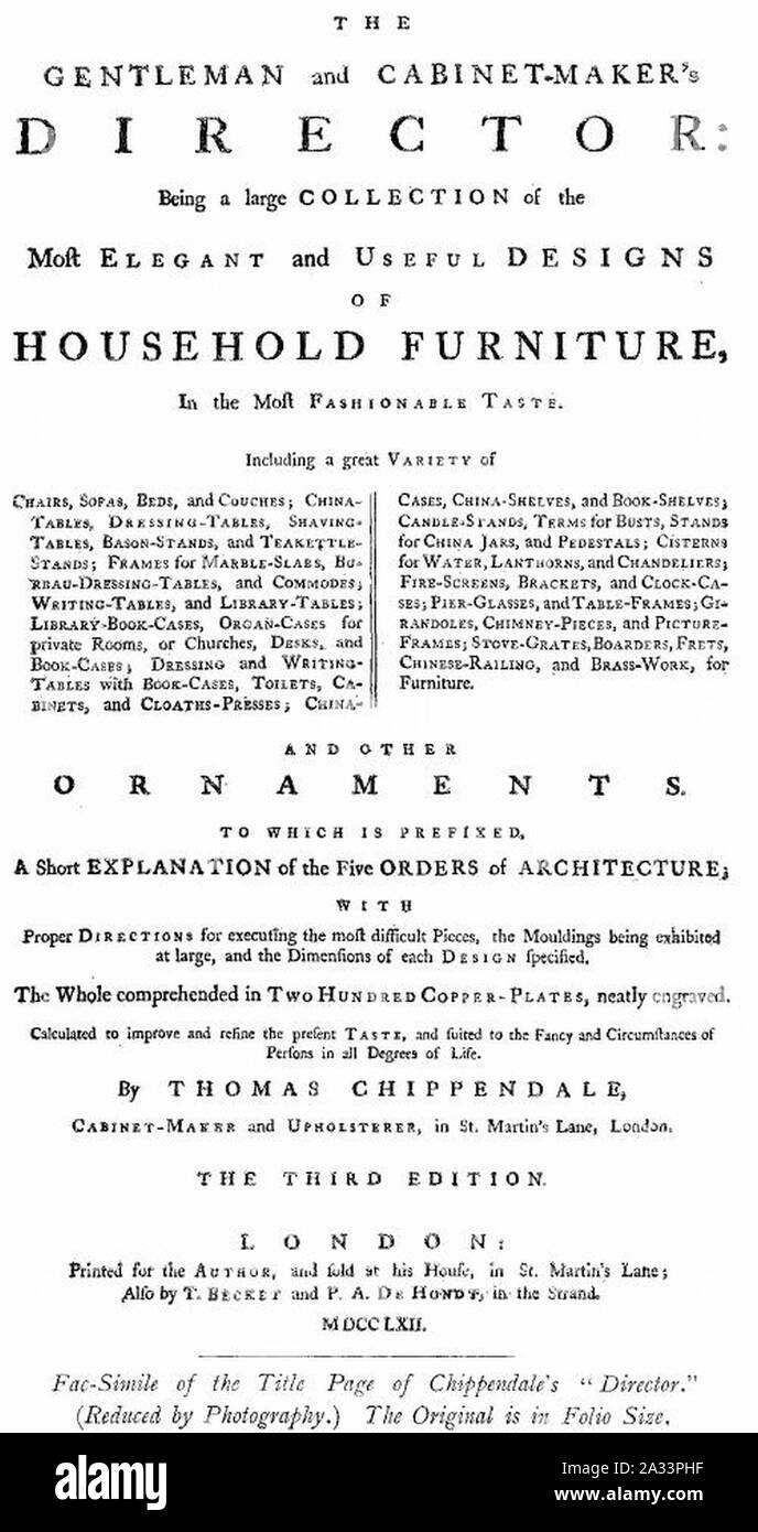 Fac-similé de la page de titre de Chippendale's Gentleman et le Directeur de Cabinet Maker. Banque D'Images