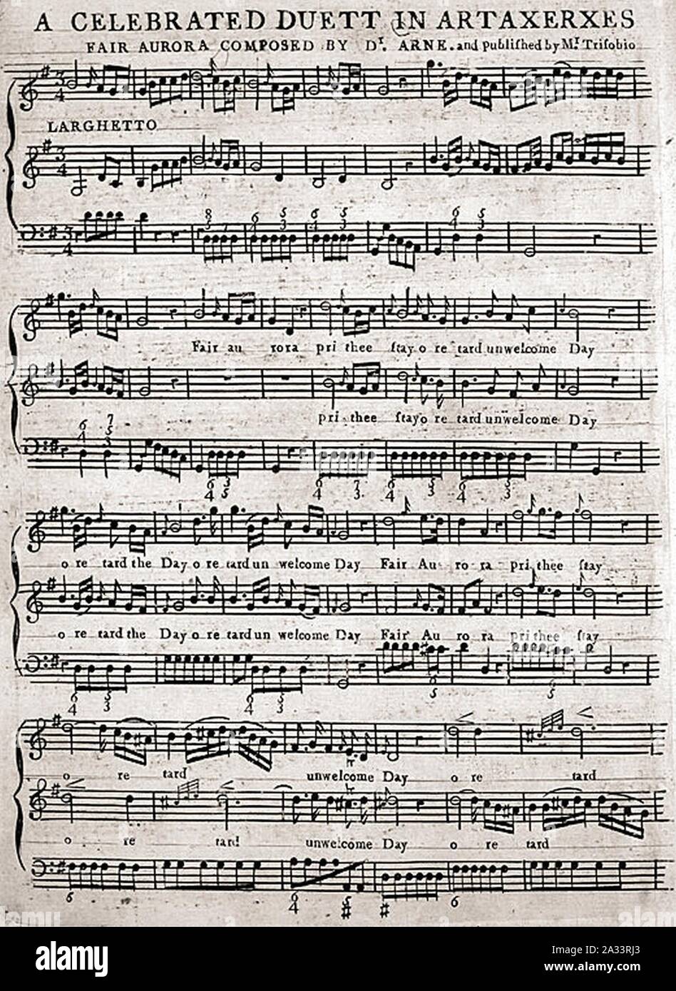 Aurora juste par Thomas Arne piano vocal score publié en 1796. Banque D'Images