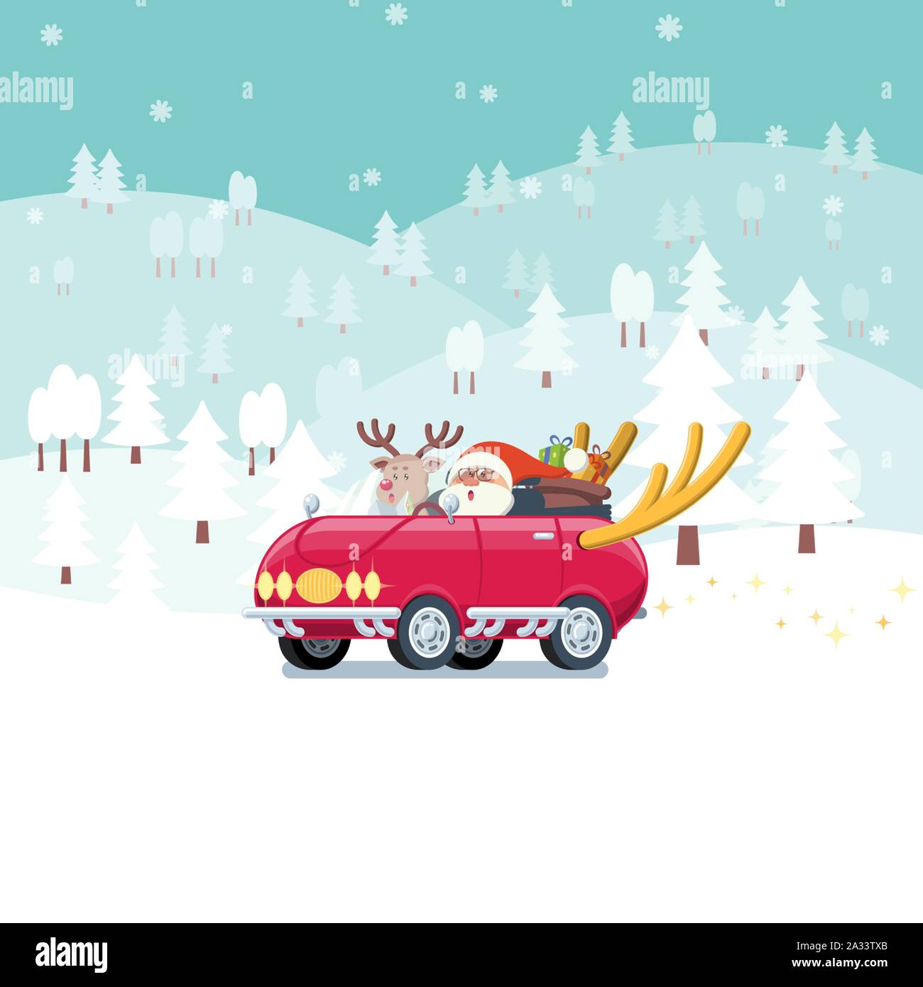 Père Noël et renne volant voiture rouge avec gros sac et corne de cerf pleine de présents dans les zones de paysage de neige avec des montagnes et des pins dans télévision ca Illustration de Vecteur