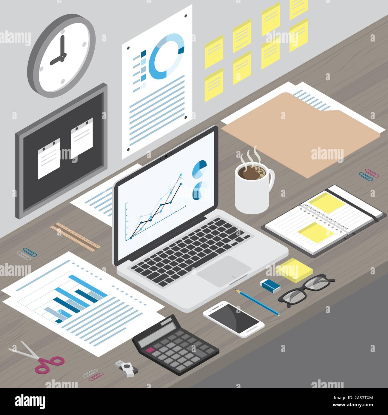 Espace de travail isométrique Corner avec ordinateur portable, smart phone, de fournitures de bureau, de café et de verres sur un bureau de travail en bois, de l'horloge et de l'administration sur le mur en Illustration de Vecteur