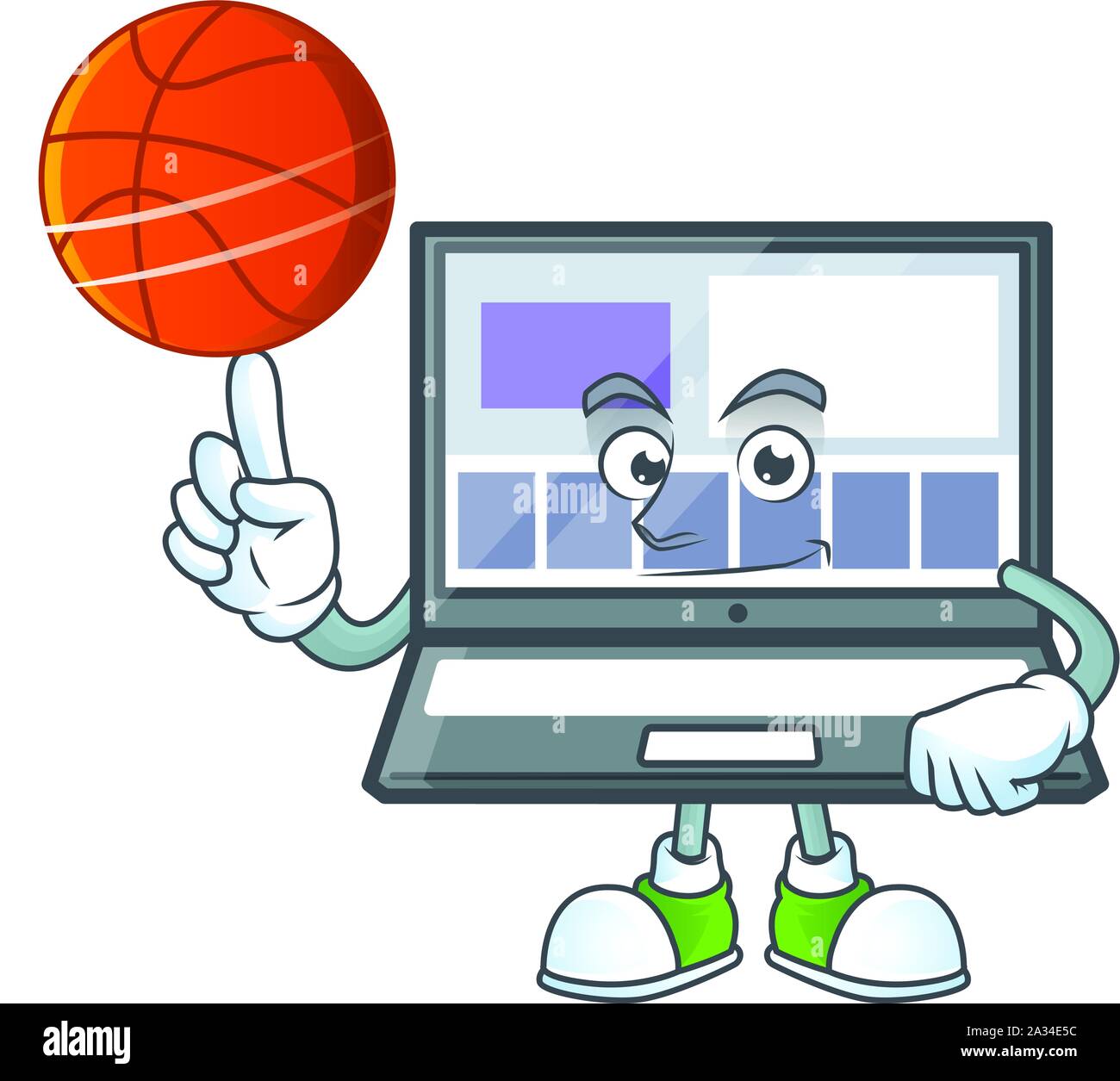 Basket-ball avec un ordinateur portable avec un style de caractère de dessin animé Illustration de Vecteur