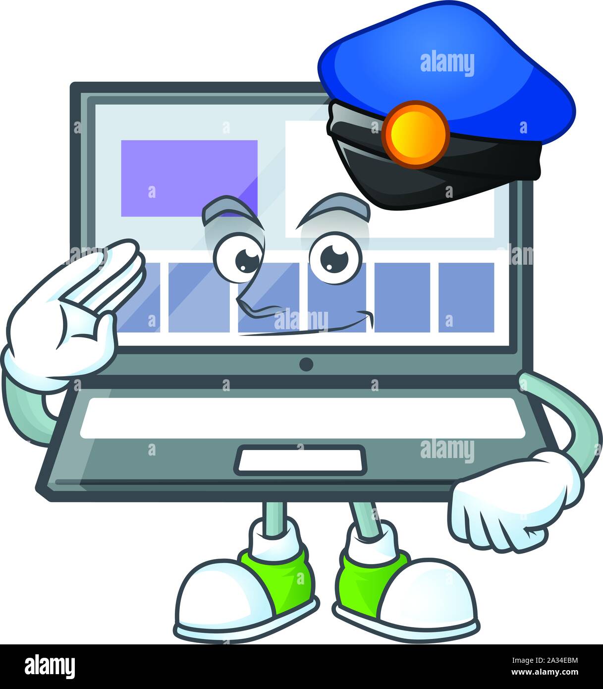 Ordinateur portable de la police avec un style de caractère de dessin animé Illustration de Vecteur