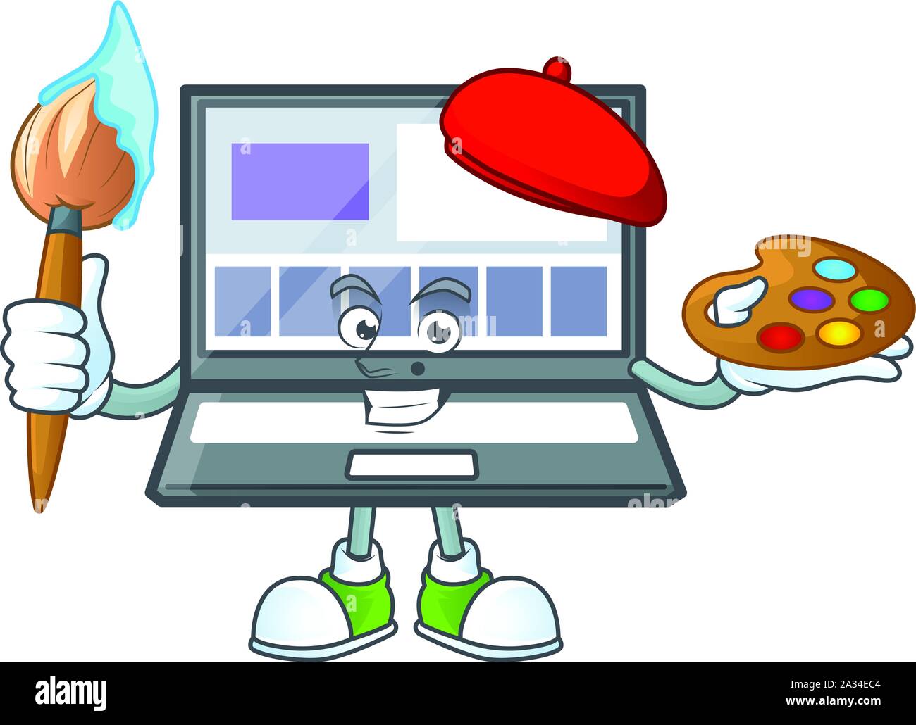 Ordinateur portable par un peintre de style de caractère de dessin animé Illustration de Vecteur