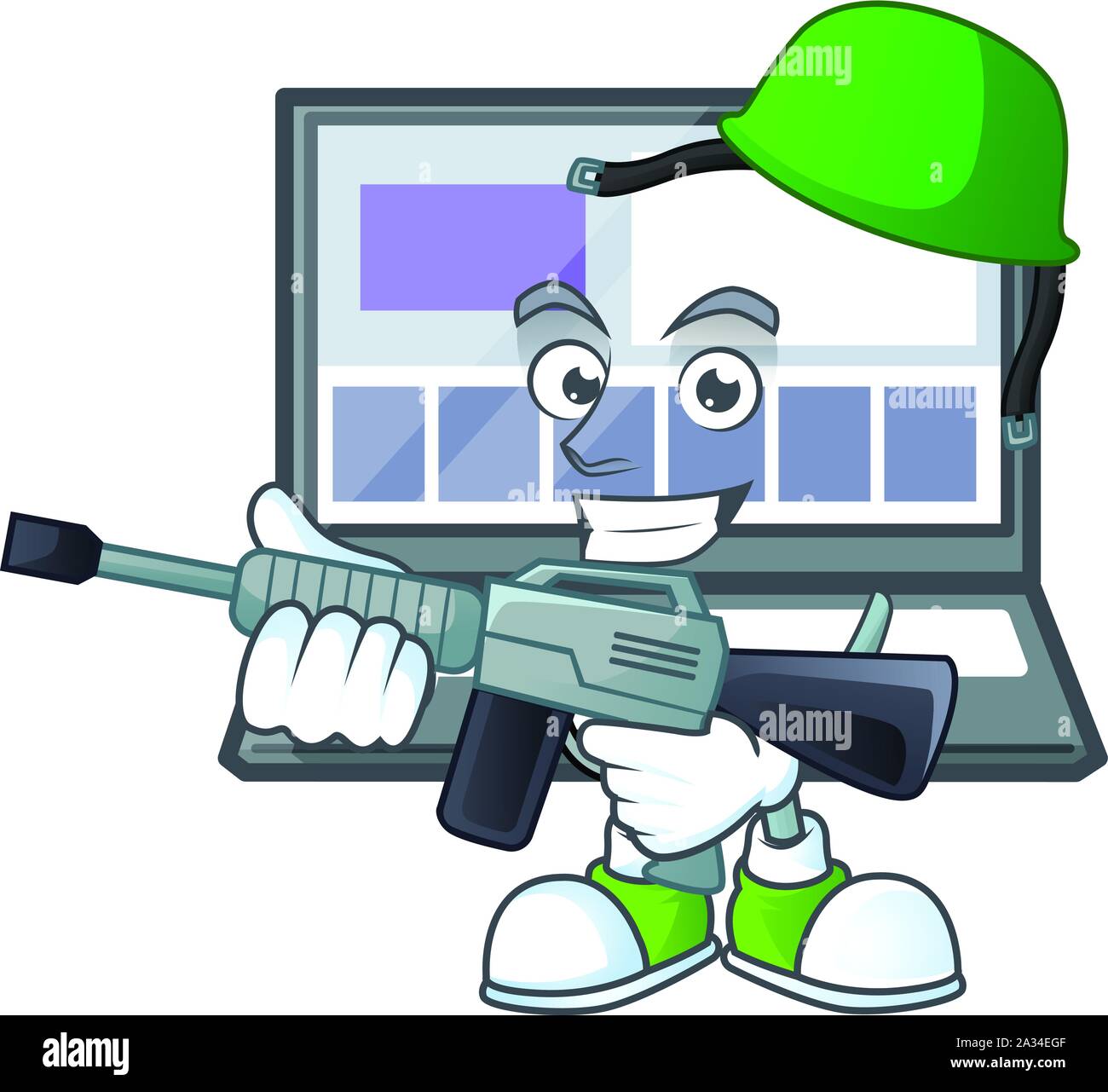 Ordinateur portable de l'armée avec un style de caractère de dessin animé Illustration de Vecteur