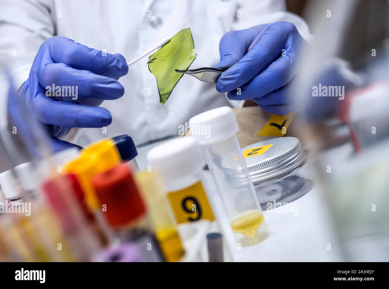 Expert de la police s'échantillon de sang de la bouteille en verre de laboratoire de criminalistique Banque D'Images Expert de la police s'échantillon de sang de la bouteille en verre de laboratoire de criminalistique Banque D'Images