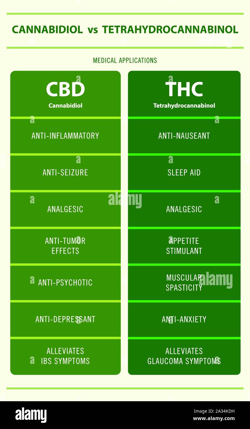 CBD vs THC Applications médicales illustration infographique verticale sur le cannabis comme produits de la médecine alternative, de la santé et des sciences médicales. Illustration de Vecteur