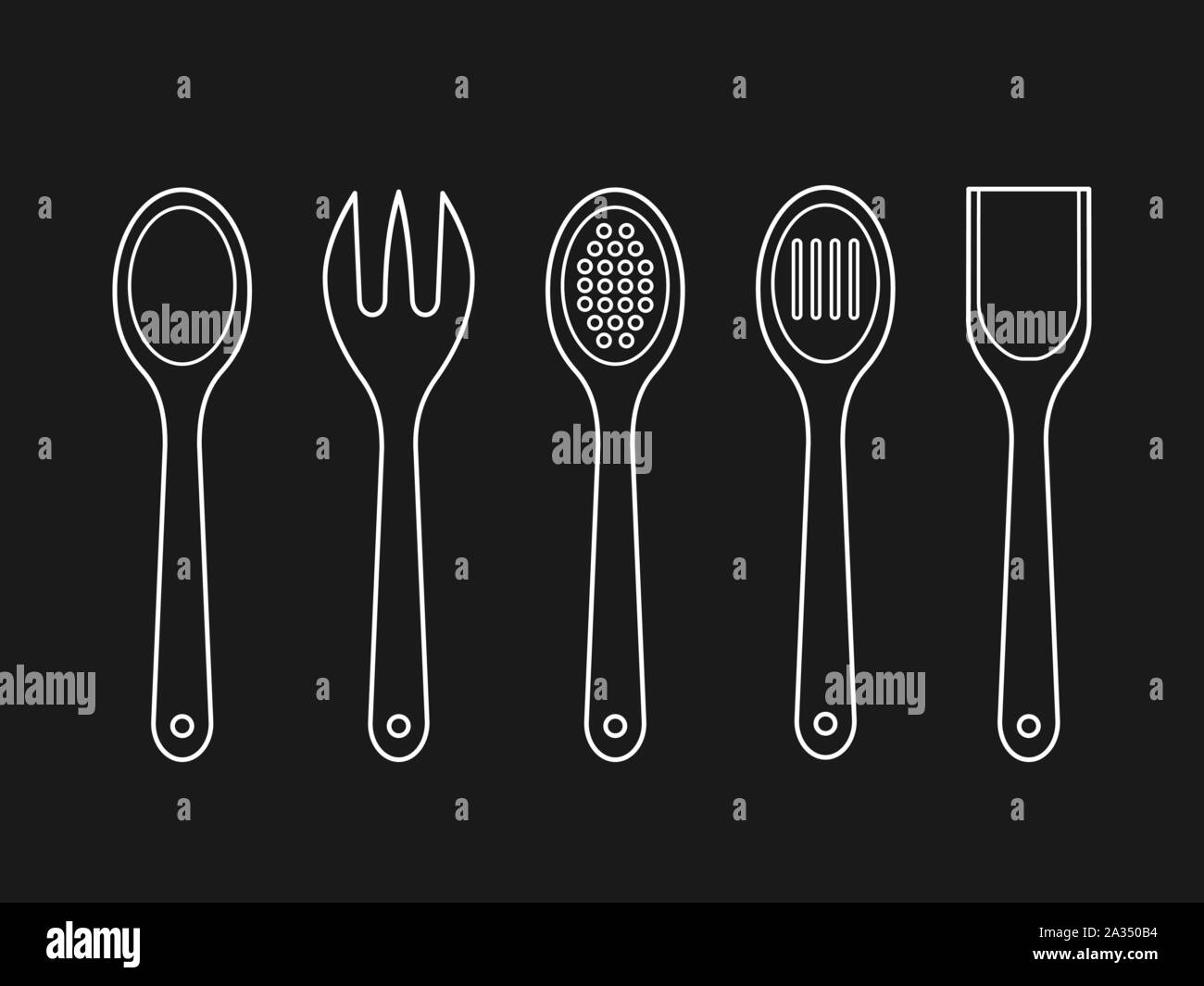 Cuillères en bois contours sur fond noir. Cuillère à mélange, spatule, fourchette, la crépine. Des ustensiles de cuisine. icônes linéaire Jeu de cuisine. Concept de cuisson. Illustration de Vecteur