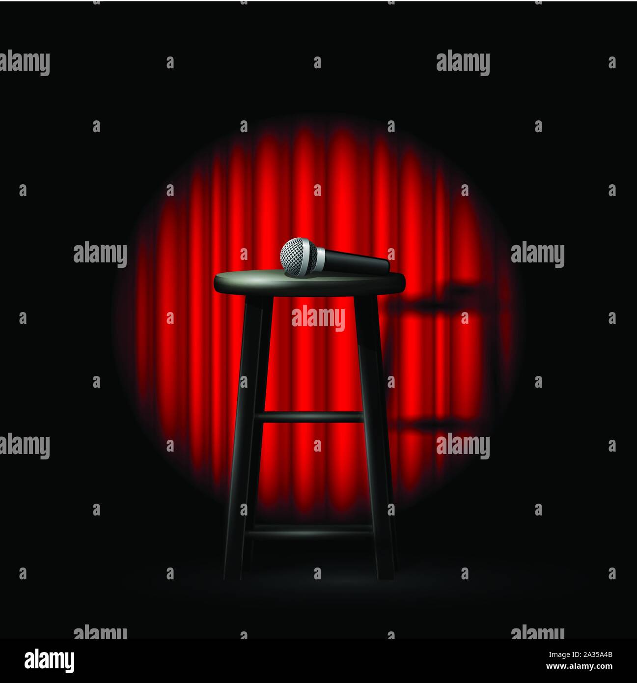 Stand Up Comedy Show - microphone et selles dans un rayon de lumière et rideau d'abandon Illustration de Vecteur