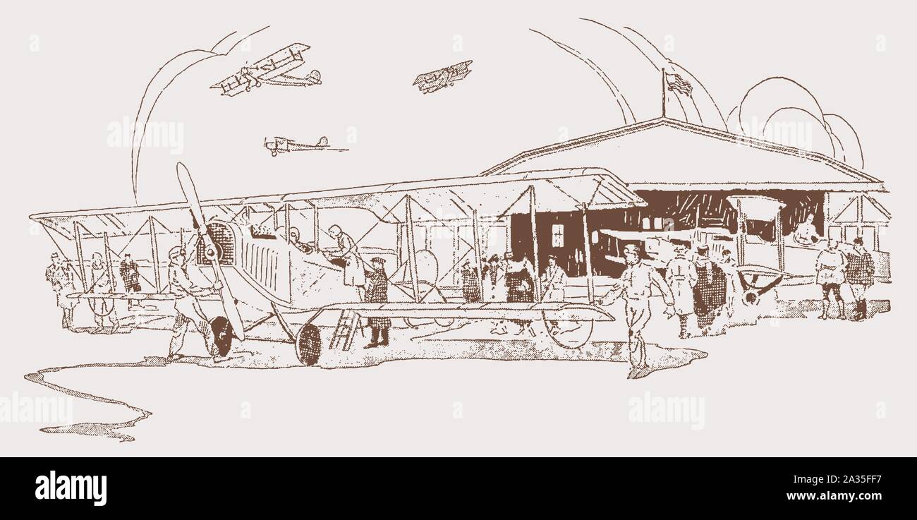 Biplan historique est en préparation pour le décollage à un aérodrome encombrée de beaucoup de passagers et de la mécanique. Après un début d'illustration lithographie 20c Illustration de Vecteur