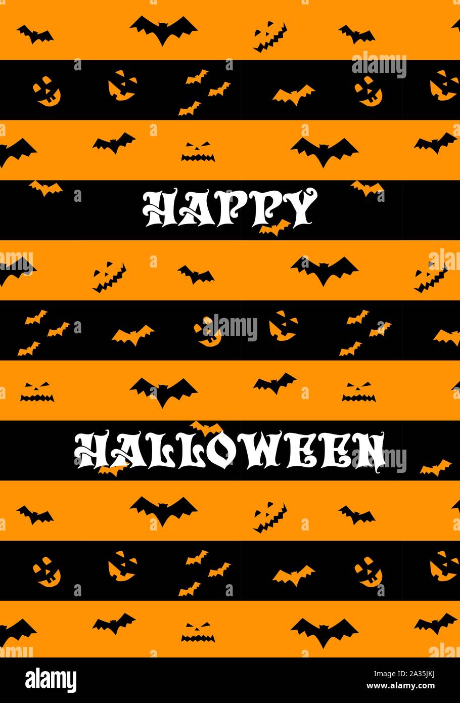 Happy Halloween modèle vectoriel et orange avec des rayures noires et des citrouilles silhouette bat Illustration de Vecteur