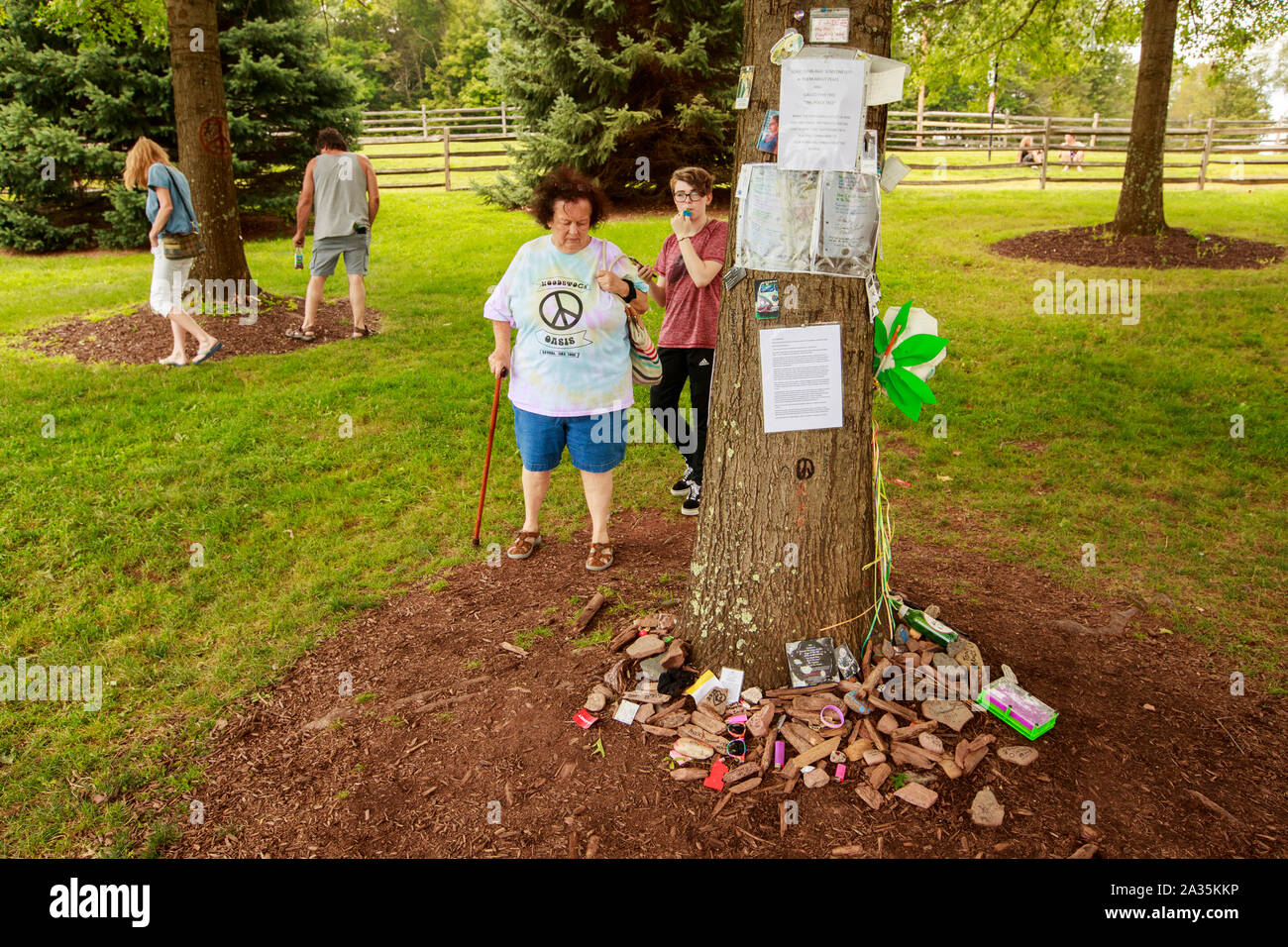 08192019 - Bethel, New York, USA : Un groupe examine les articles laissés à l 'arbre de la paix", au mémorial de Woodstock près du site de l'étape de Woodstock dans l'arrière-plan, le lundi 19 août 2019 à Bethel Woods à Bethel, New York. Organisateur de Woodstock Michael Lang, l'événement a été annulé mais anniversaire les activités ont continué au Arrowhead Ranch, Bethel Woods (le site de l'original Woodstock en 1969), Hector's Inn, et Yasgur's Farm. Banque D'Images