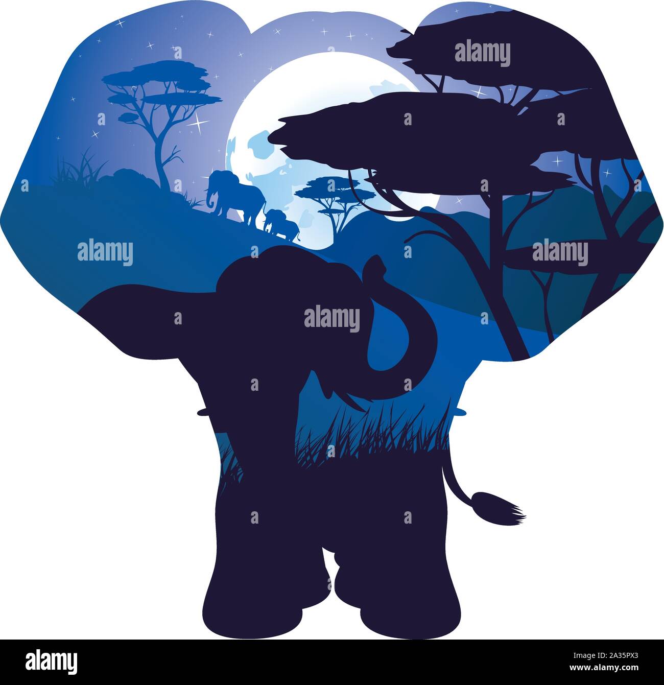 Scène de nuit, paysage africain avec silhouette d'arbres et d'éléphants. Illustration de Vecteur