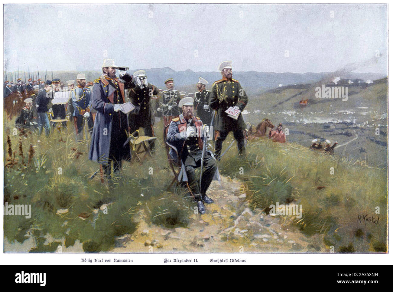 Siège de PLEVNA Juillet-décembre 1877. Le Tsar Alexandre II watches la bataille avec le Prince Carol de Roumanie à gauche et le Grand-duc Nicolas de Russie à droite Banque D'Images