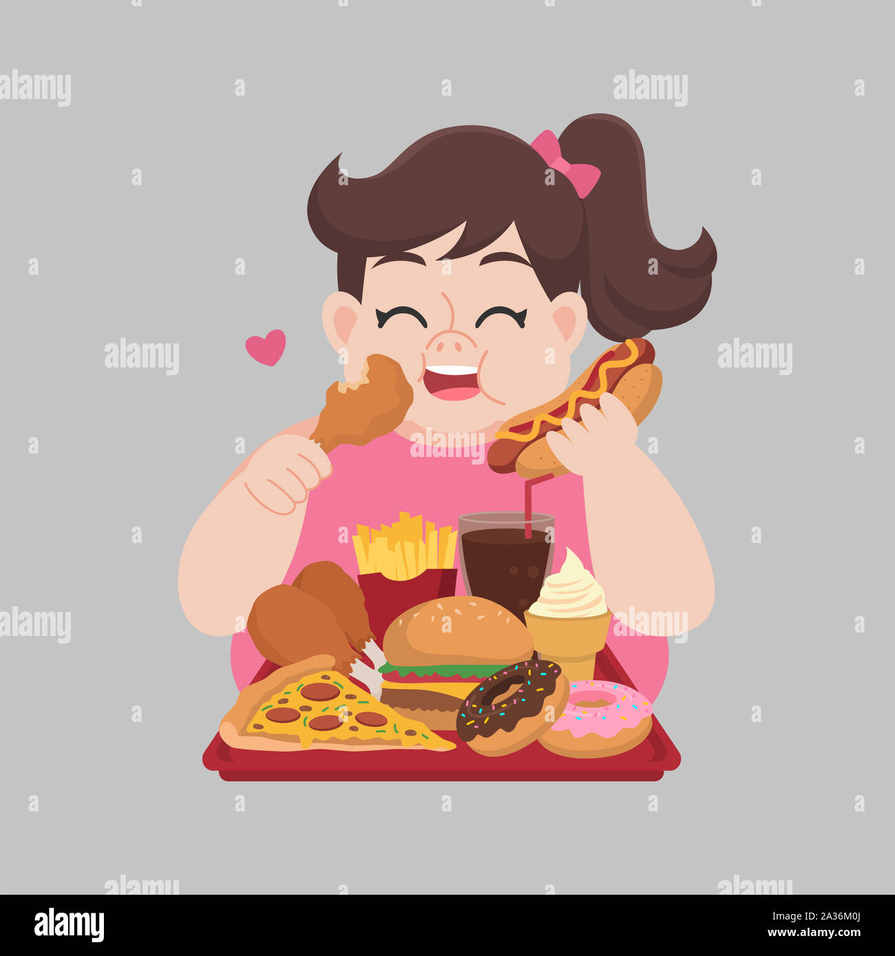 Big Fat Woman profiter de manger fast food, junk food, pilons de poulet, pizza, beignets, frites, Hamburger, glace, coca cola, hot-dog, unhealth Banque D'Images