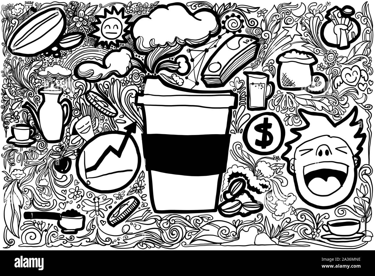 Doodle Café avec l'ornement. C'est au sujet de l'équipement et des affaires économiques de café. Décoration avec dessin noir et blanc nature art lignes Bon Illustration de Vecteur