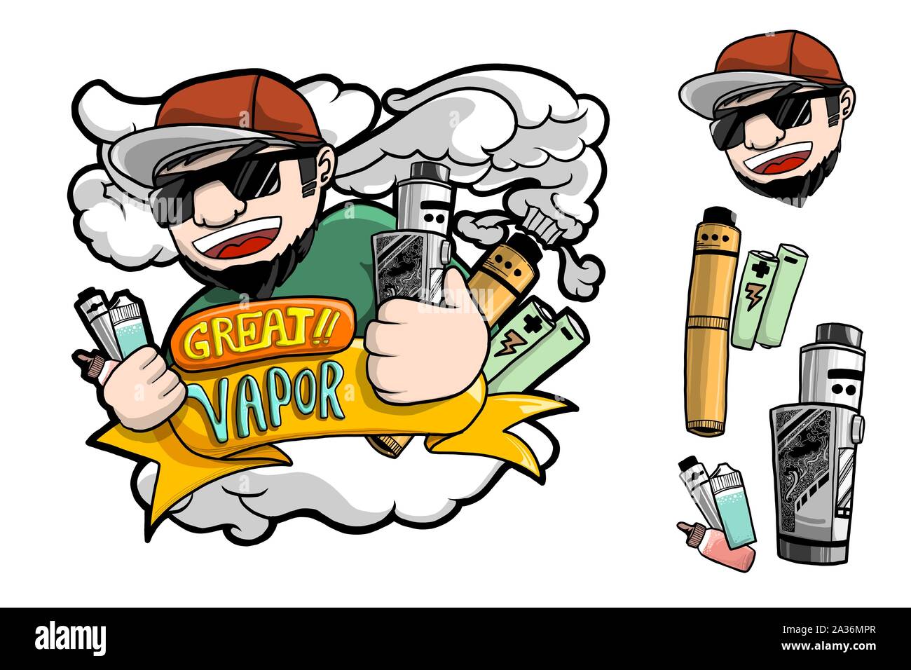 L'homme avec son vaporisateur set vapeur vapeur avec beaucoup de mots sur ruban d'or et de demi-teintes. Line arts dessin illustration vecteur approprié pour t-shirt scre Illustration de Vecteur