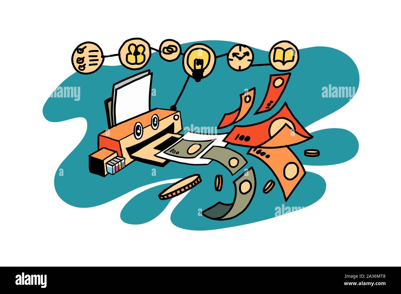 Dimensions du concept d'imprimante document pour les entreprises. Gagner plus d'argent par eco imprimante avec la technologie moderne. Personnaliser retro couleur art concept. Illustration de Vecteur