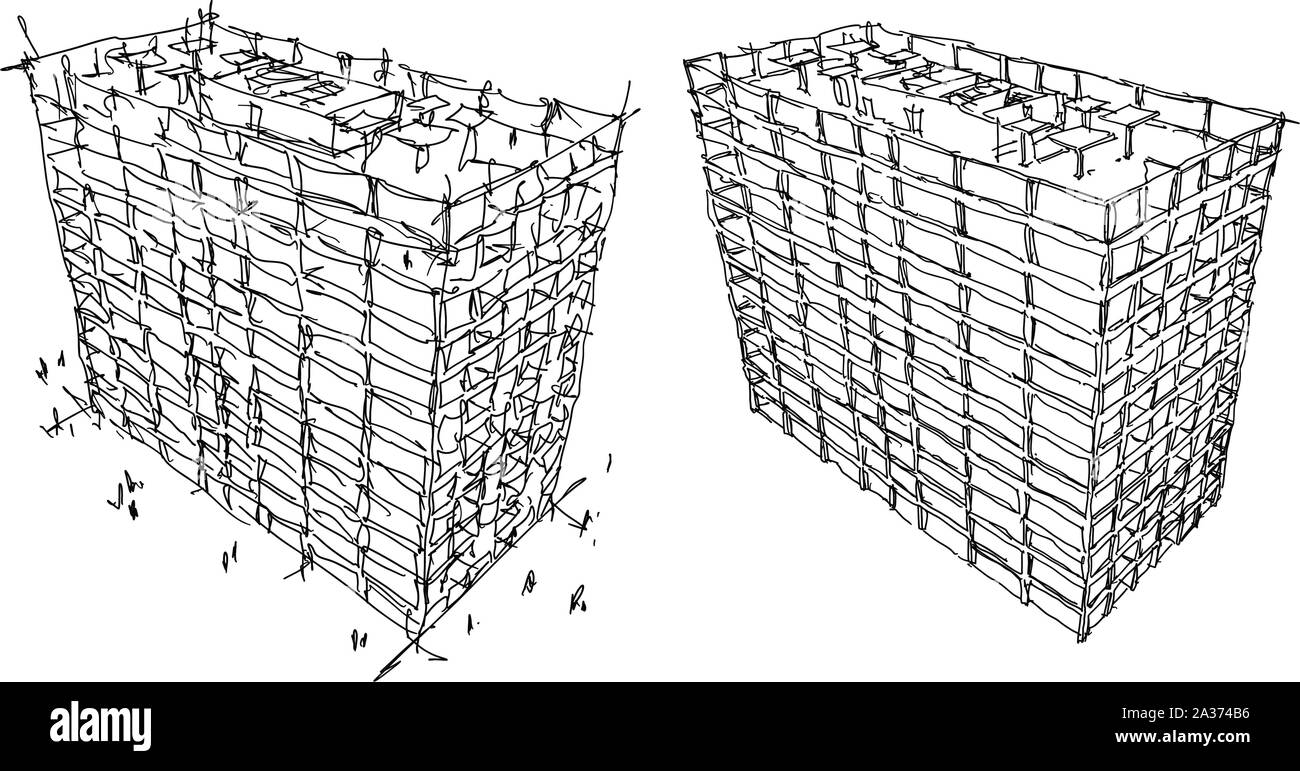 Deux Esquisses architecturales dessinés à la main, structure en béton du bâtiment de bureaux avec fenêtres et murs et culomns Illustration de Vecteur