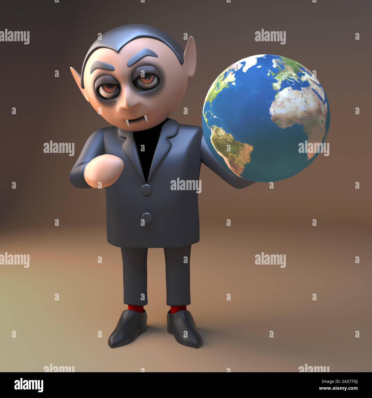 Vampire dracula 3d cartoon character tenant un globe de la terre, 3d illustration rendre Banque D'Images
