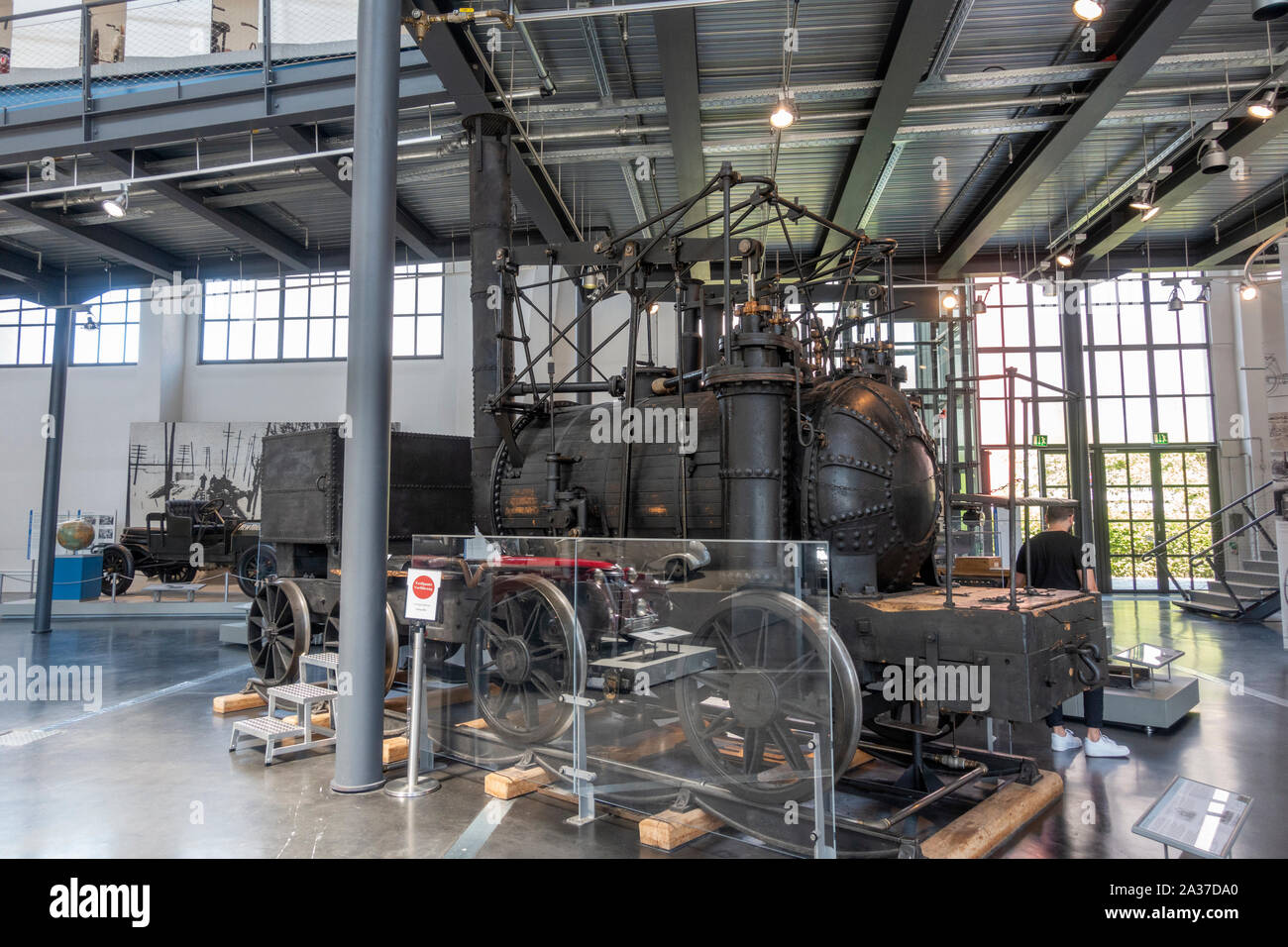 Une reconstruction de l' 'Puffing Billy steam locomotive à partir de 1814 (1906), le Deutsches Museum (Musée allemand des transports Verkehrszentrum), Munich, Allemagne. Banque D'Images