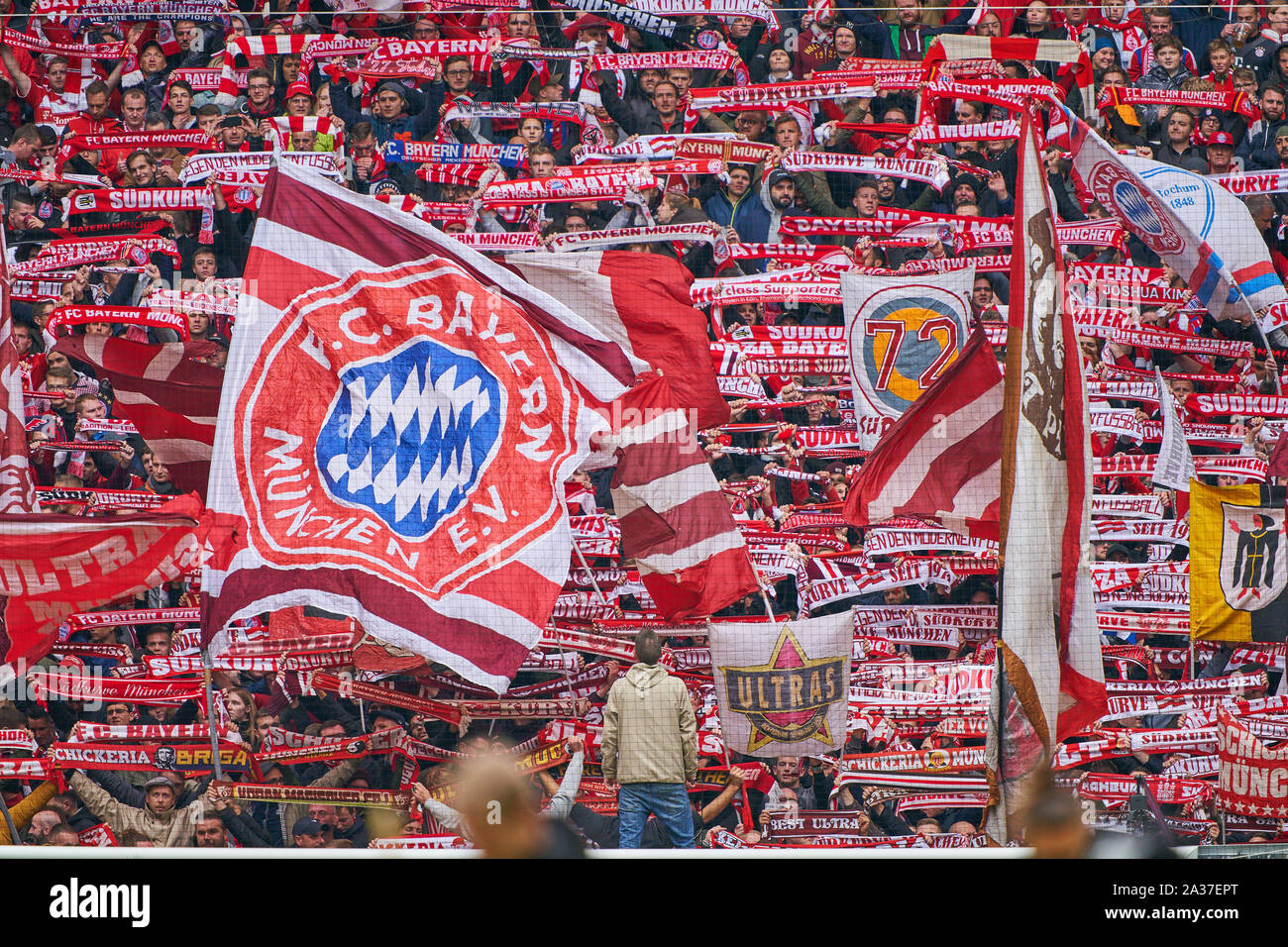 Fans, supporters, spectateurs, club drapeaux, célébration, ventilateur,  vague, couleurs, mer de drapeaux, soccerfan, vêtements, dessins,  masquerade, football, veste, gilet, auvent, fanfare, foulards, masque, FC  BAYERN MUNICH - TSG 1899 HOFFENHEIM 1-2 -