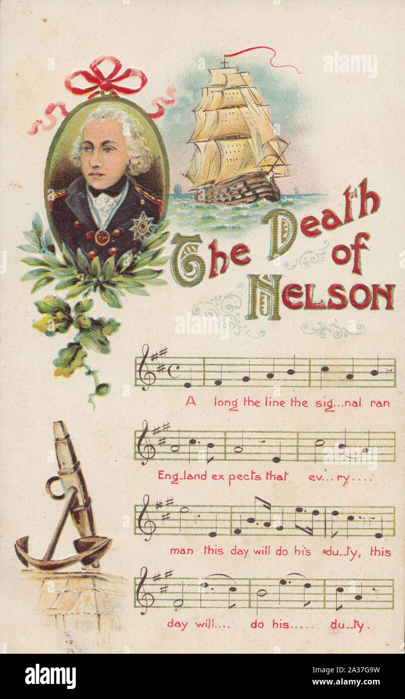 La mort du vice-amiral Horatio Nelson, 1er vicomte Nelson. Notes de musique - Paroles de chansons. Banque D'Images