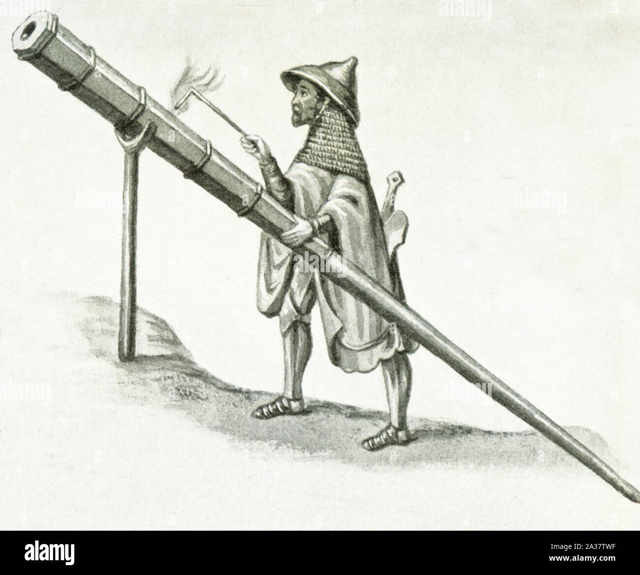 Cette image d'un pistolet qui remonte à environ 1405. Il est déclenché à partir d'un stand. Il a été dit et illustré dans l'ouvrage de Konrad Kyeser Bellifortis publié c. 1405. Banque D'Images