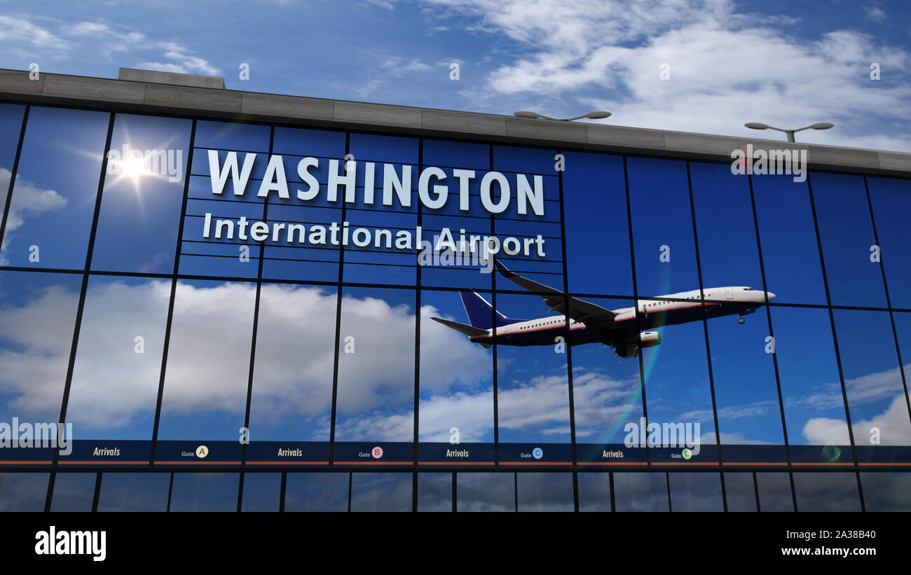 Des avions à l'atterrissage à Washington D.C., USA le rendu 3D illustration. L'arrivée en ville avec le terminal de l'aéroport de verre et de réflexion du plan Banque D'Images