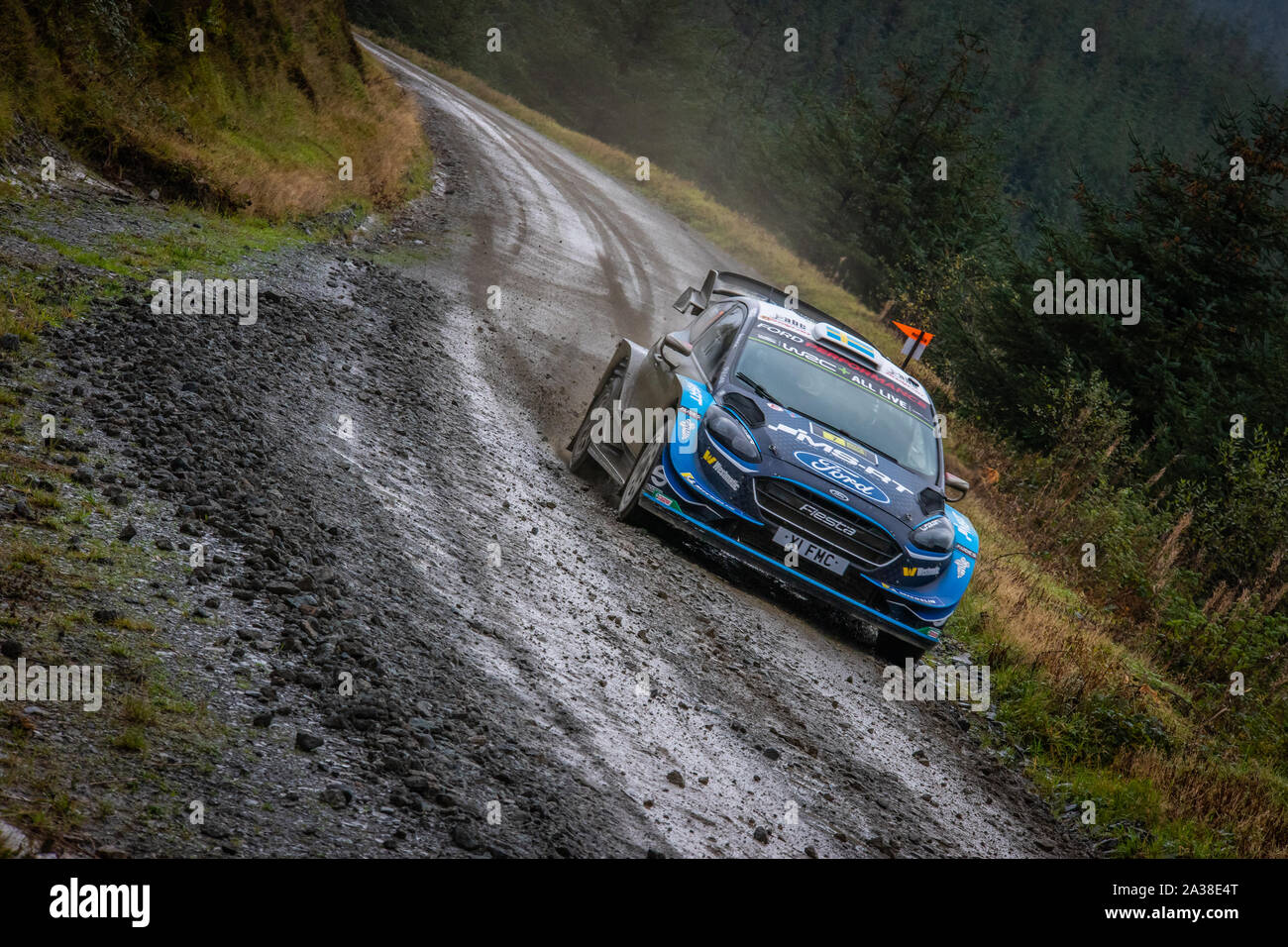 Pontus Tidemand (Suède) en passant par l'étape de Myherin Wales Rally GB en 2019 Ford Fiesta RS WRC World Rally Car Banque D'Images