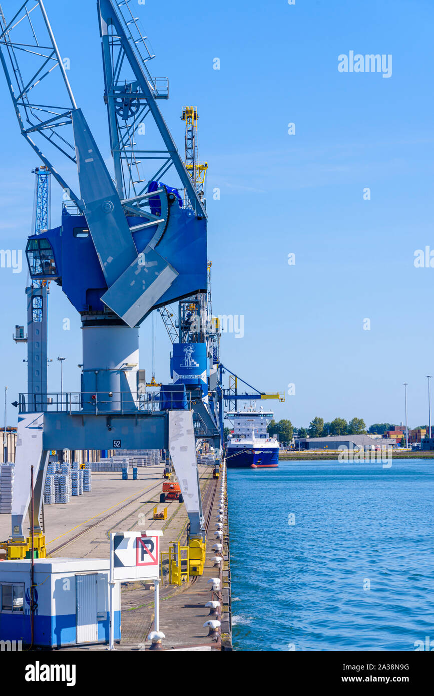 Grues pour retirer la cargaison de navires de marchandises au port de Rotterdam, aux Pays-Bas. Banque D'Images Grues pour retirer la cargaison de navires de marchandises au port de Rotterdam, aux Pays-Bas. Banque D'Images