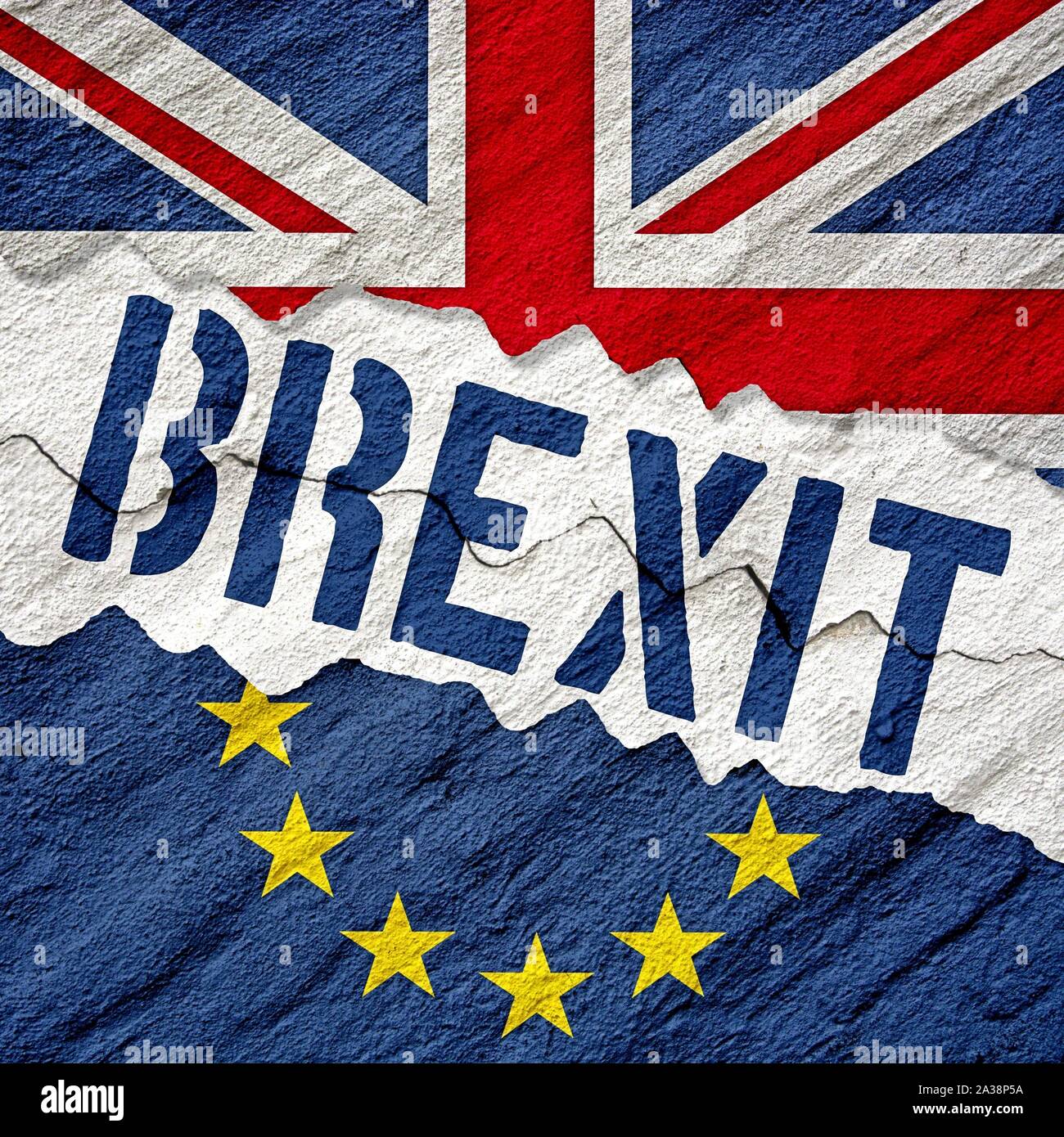 Deutschland. 06 Oct, 2019. Image symbolique de la prochaine sur BREXIT 31.10.2019 ou plus tard. L'Union Jack, ainsi que le drapeau de l'Union européenne dans chaque cas dans la coupe sur un fond en béton qui s'étend en diagonale à travers une fissure sur laquelle le texte "BREXIT des stands. Les Britanniques ne veulent pas accepter l'accord négocié actuellement et peut-être quitter l'UE sans contrat. Utilisation dans le monde entier | Credit : dpa/Alamy Live News Banque D'Images