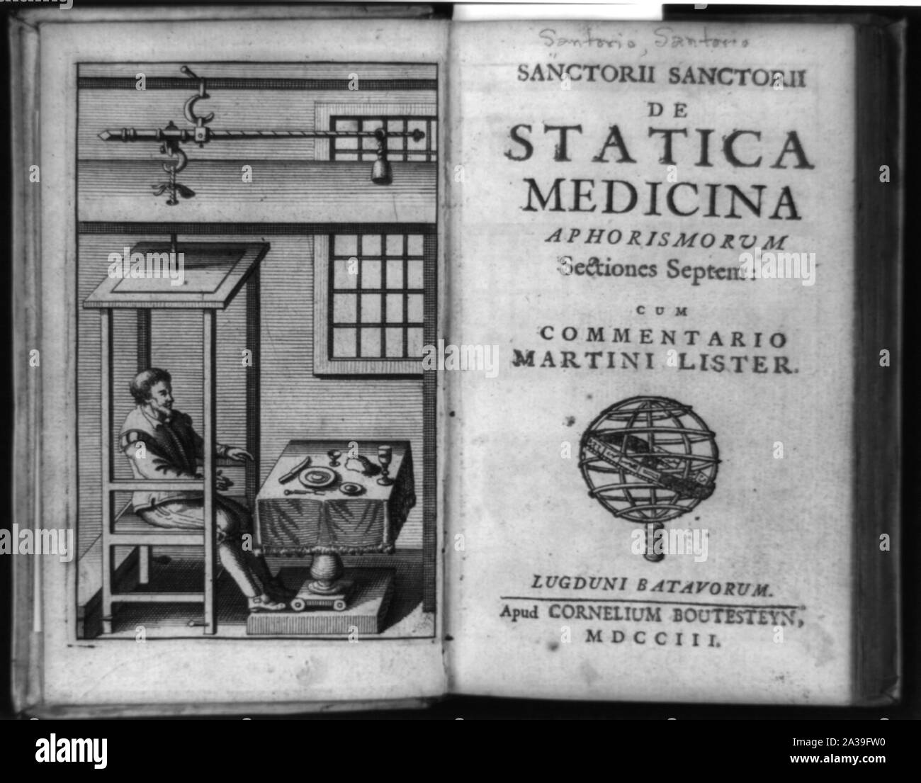 Santorio Santorio assis dans de chaise devant le tableau, une partie de son approche quantitative de la médecine, et la page de titre de De statica medicina aphorismorum Banque D'Images
