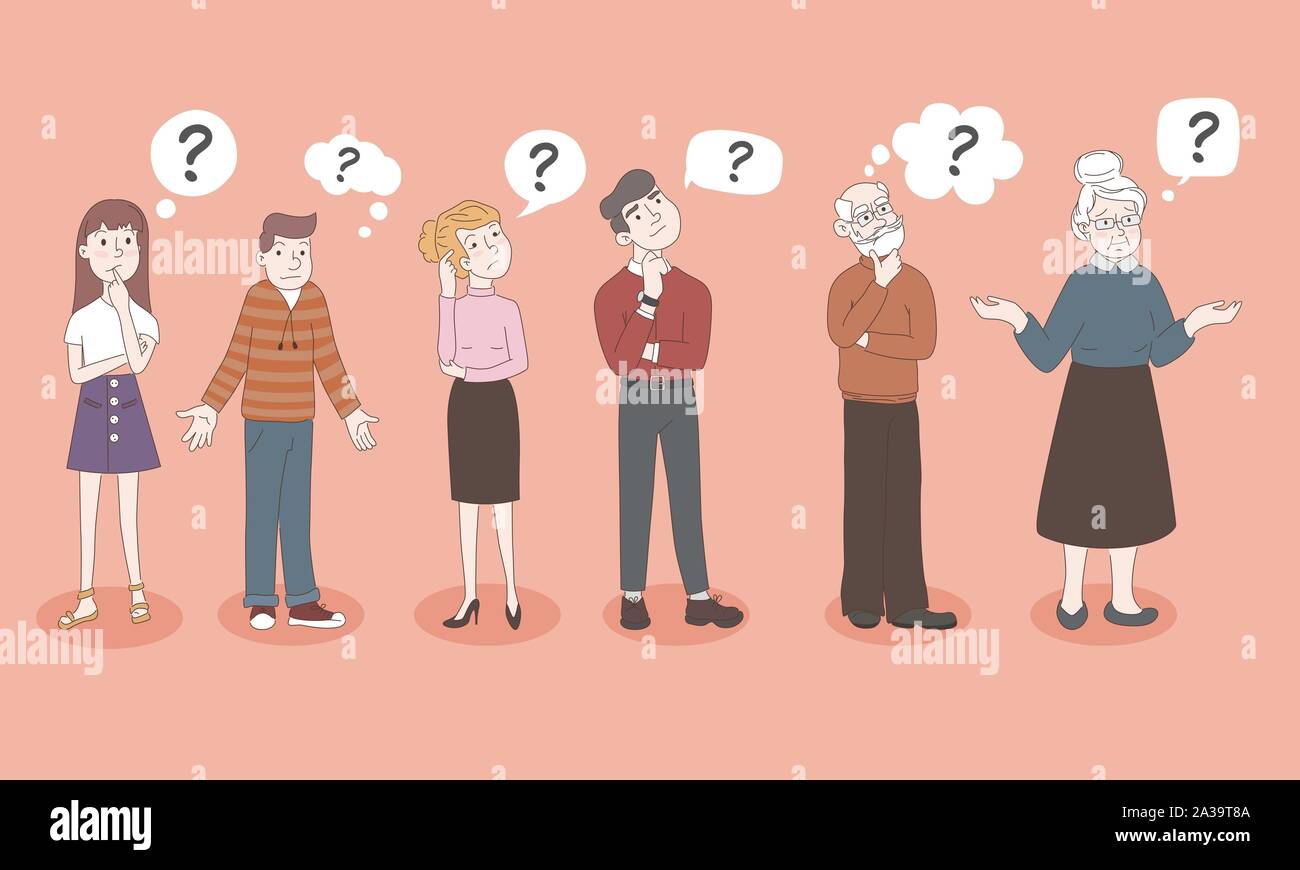 Personnes - Teen fille, garçon, femme, homme, vieux, Vieille Femme - sont en haussant la pensée, confondu avec une curieuse Expression - je ne sais pas. L'émotion et Illustration de Vecteur