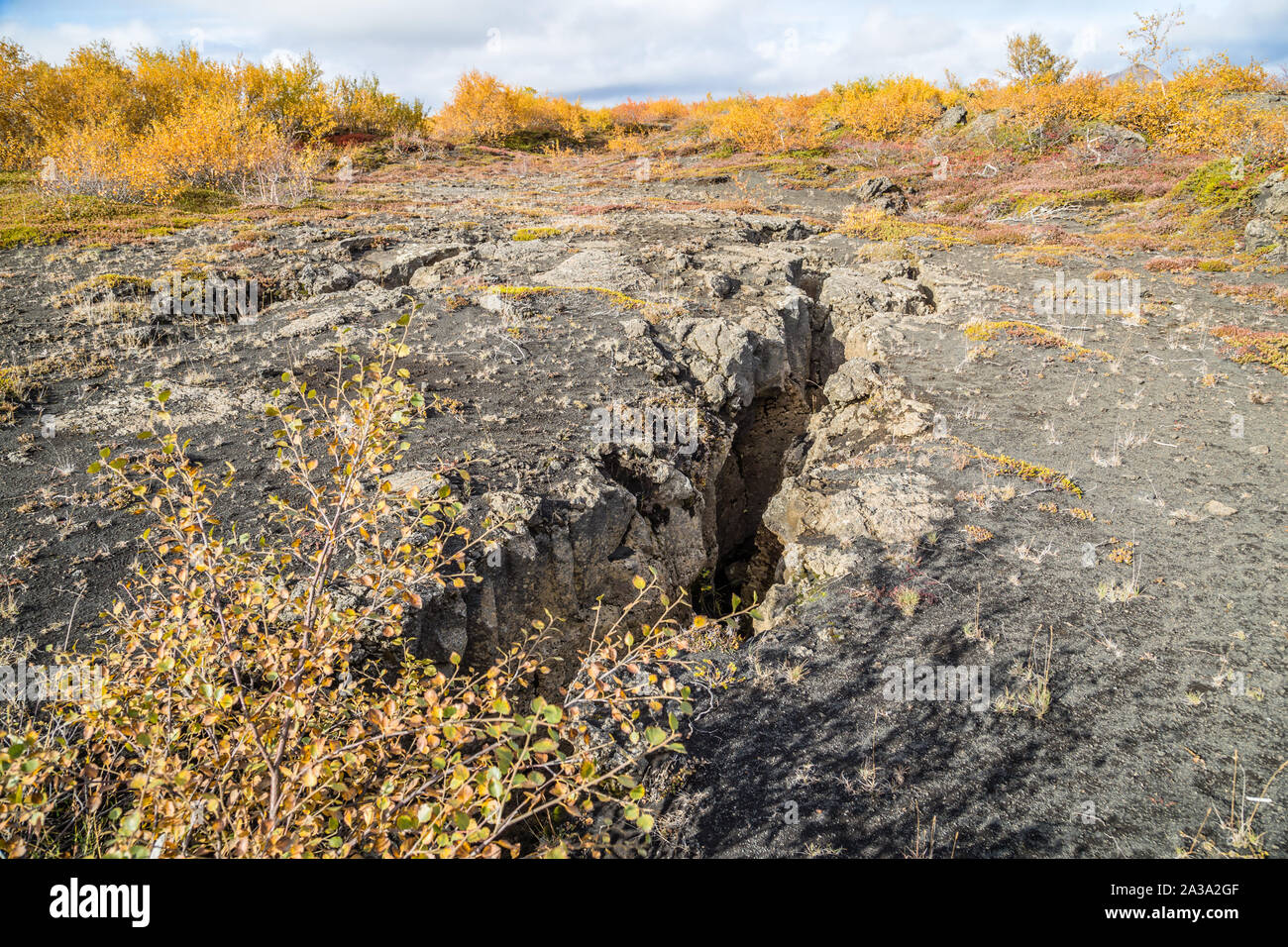 La fissure dans la croûte de la terre champ de lave dans la région de Myvatn, l'Islande Banque D'Images