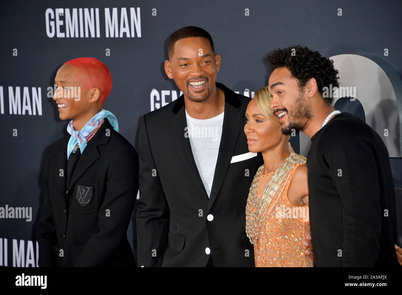 LOS ANGELES, USA. 07 octobre, 2019 : Jaden Smith, Will Smith, Jada Pinkett Smith & Trey Smith à la première de 'Gemini Man' au théâtre chinois de Grauman, Hollywood. Photo : Paul Smith/Featureflash Crédit : Paul Smith/Alamy Live News Banque D'Images