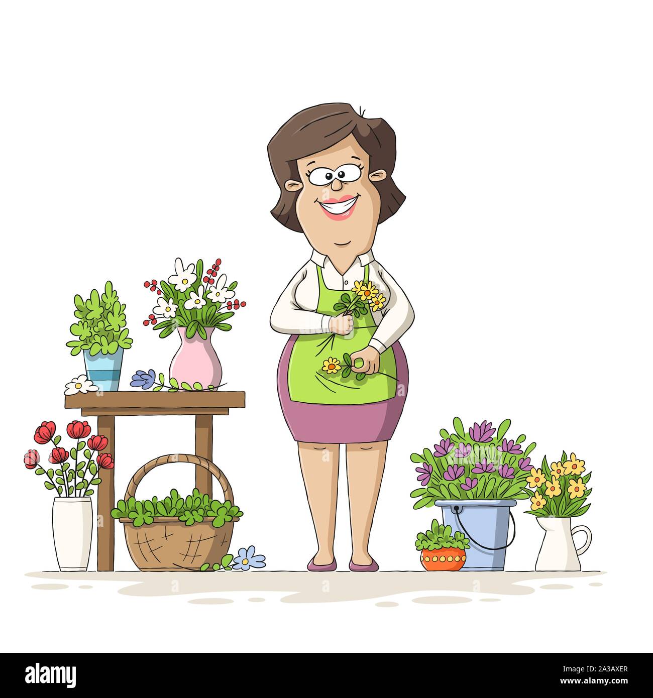 Un fleuriste avec des fleurs. Hand drawn vector illustration avec des calques distincts. Illustration de Vecteur