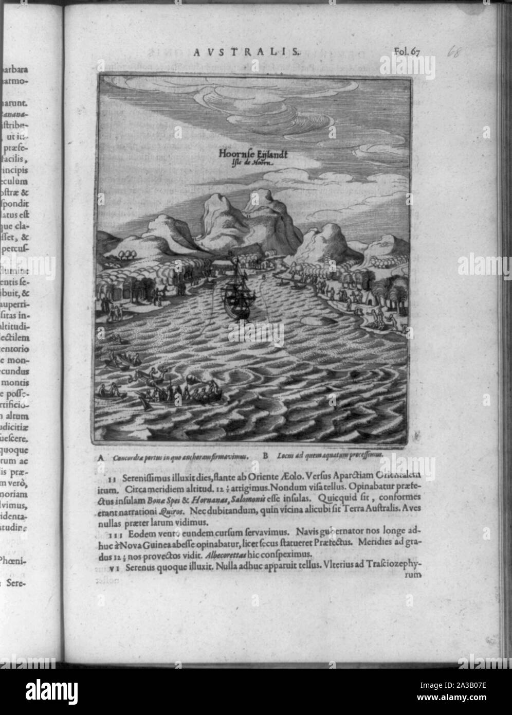 Navire de navigateur Hollandais Willem Cornelis Schouten (1567-1625) d'être accueillis par les Indiens de Patagonie au Cap Horn, Chili, 1616 Banque D'Images