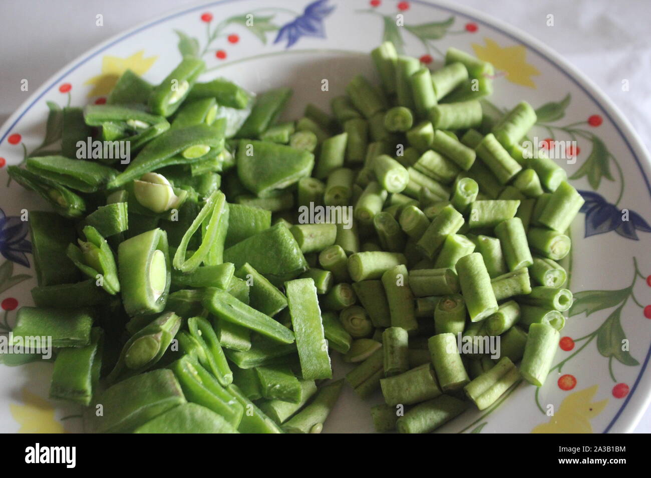 Couper les légumes Haricots verts longs de droit Banque D'Images