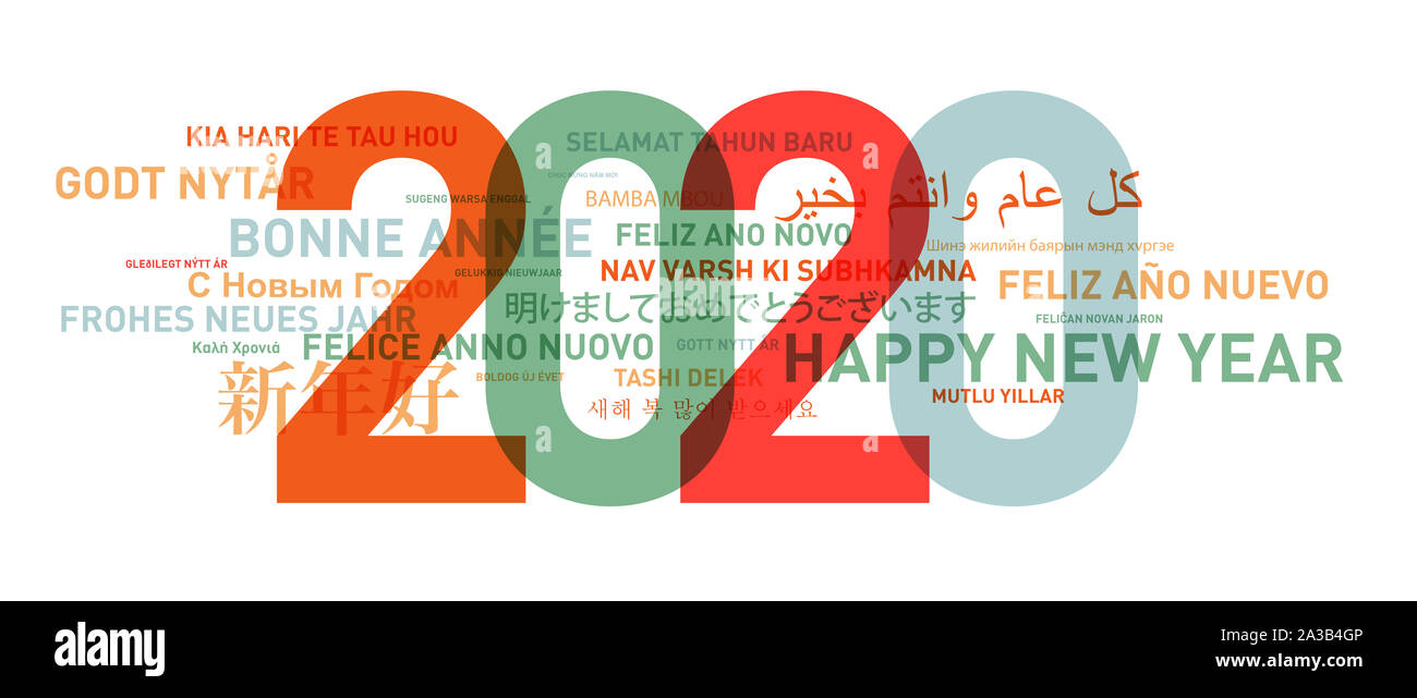 Bonne année 2020 carte du monde dans différentes langues Banque D'Images