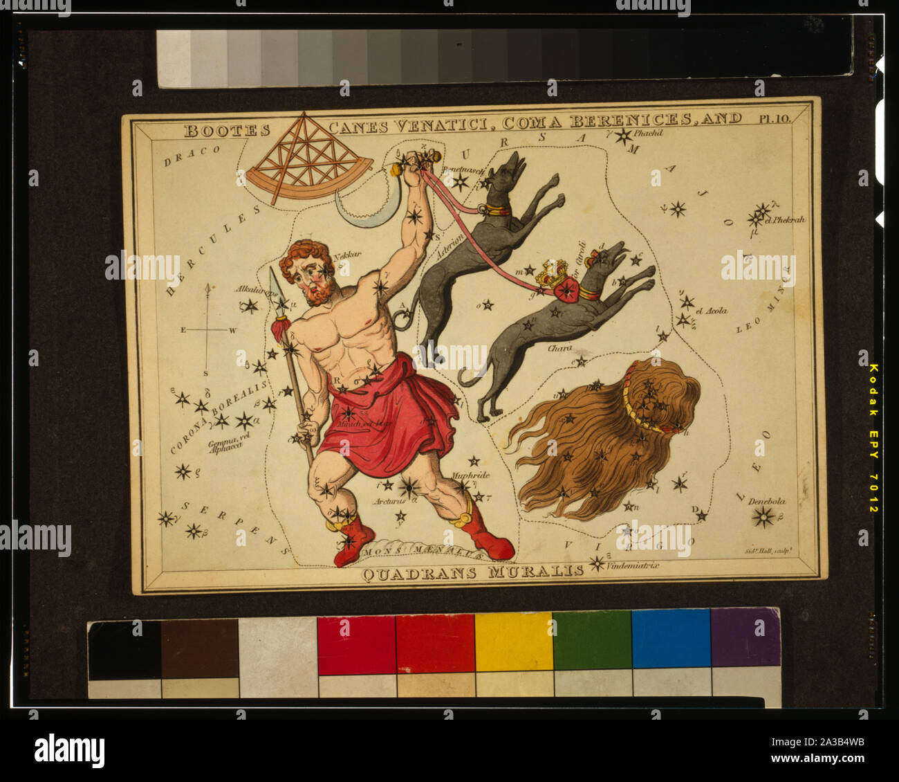 Bootes, canes Venatici, Coma Berenices, et Quadrans Muralis, plaque 10 dans miroir de l'Urania, un ensemble de cartes célestes accompagnés d'un traité d'astronomie ... par Josaphat Aspin. Londres. Tableau astronomique, 1 couches d'impression sur paper board : gravure, colorées à la main. ; Banque D'Images