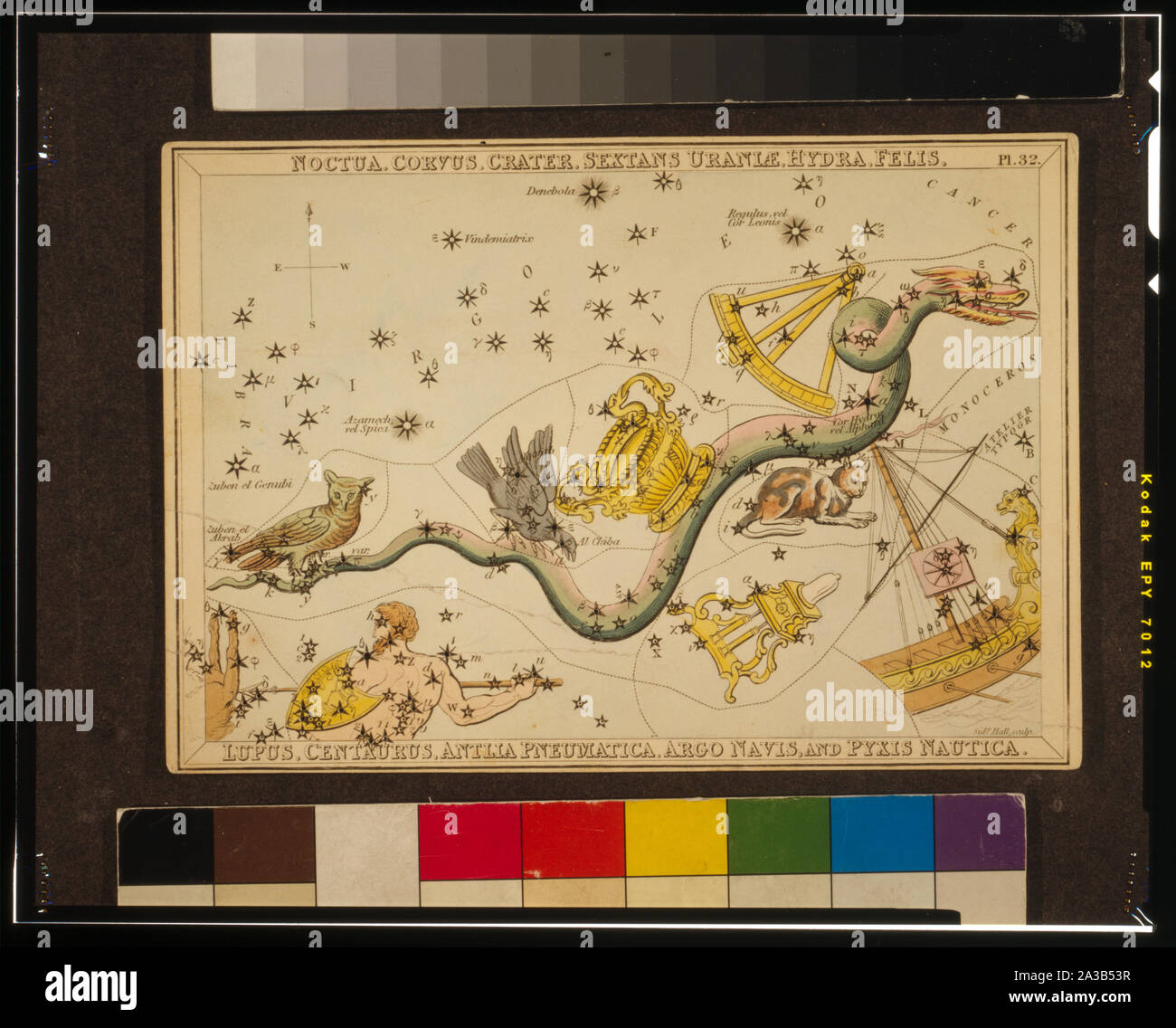 Noctua, Corvus, cratère, Sextans Uraniae, Hydra, Felis, lupus, Centaurus, Antlia Pneumatica, Argo Navis, et Pyxis Nautica, la plaque 32 dans miroir de l'Urania, un ensemble de cartes célestes accompagnés d'un traité d'astronomie ... par Josaphat Aspin. Londres. Tableau astronomique, 1 couches d'impression sur paper board : gravure, colorées à la main. ; Banque D'Images