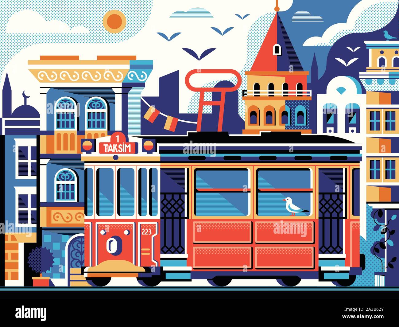 Istanbul Tram rouge scène avec tour de Galata Illustration de Vecteur