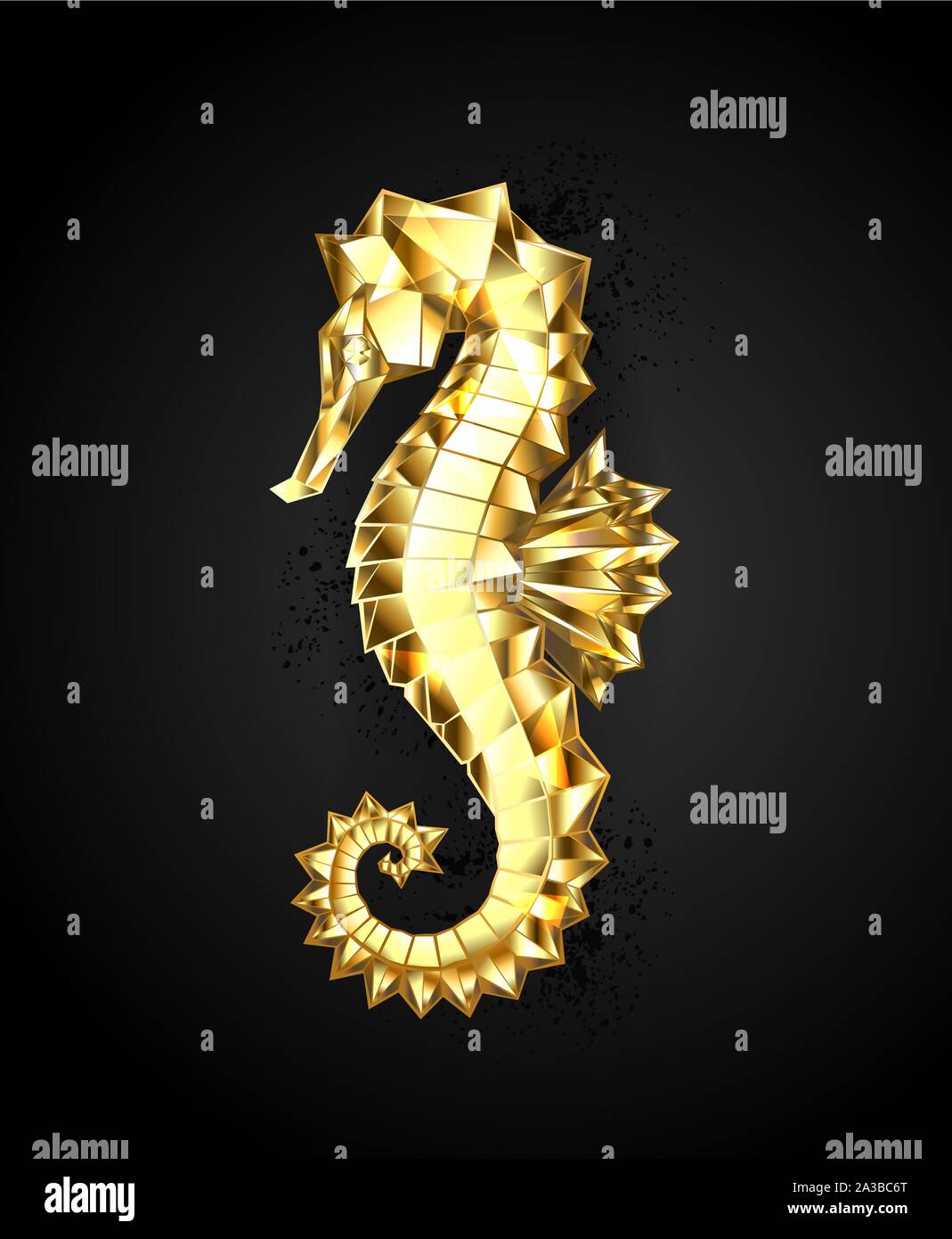 Artistique, polygonale, seahorse de mousseux, feuille d'or sur fond noir. Illustration de Vecteur