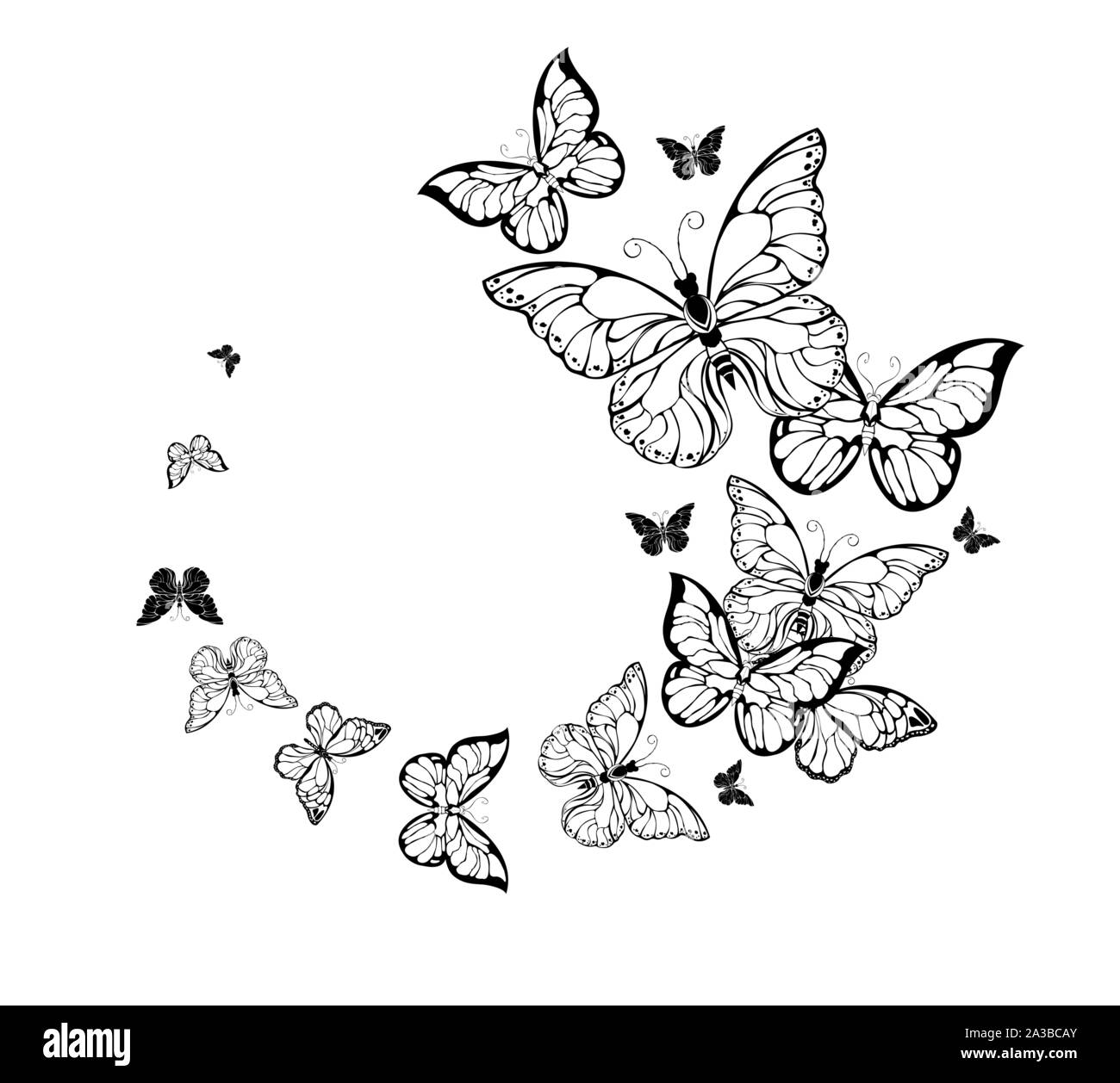 Voler des troupeaux de contour, papillons artistiques sur fond blanc. Style de tatouage. Illustration de Vecteur